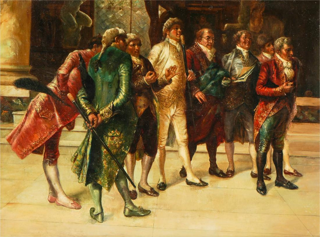 CONTINENTAL SCHOOL: A GATHERING OF GENTLEMEN: oil on canvas, relined; unsigned; 18 x 24 inches; 25 1/2 x 31 1/2 inches frame