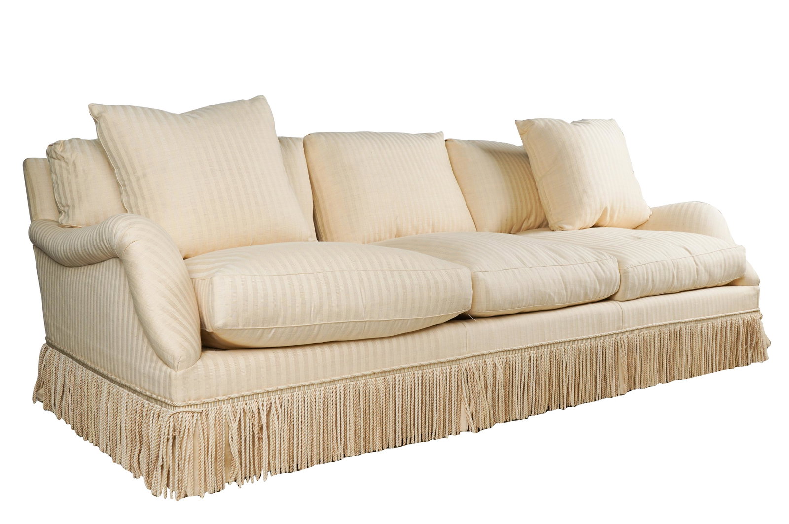 UPHOLSTERED SOFA: no label; covered with cream-colored striped fabric and trimmed with fringe; the cushions down-filled; Provenance: The Jerry Magnin Family; 97 inches wide; 45 inches deep; 29 1/4 inches high; seat hei