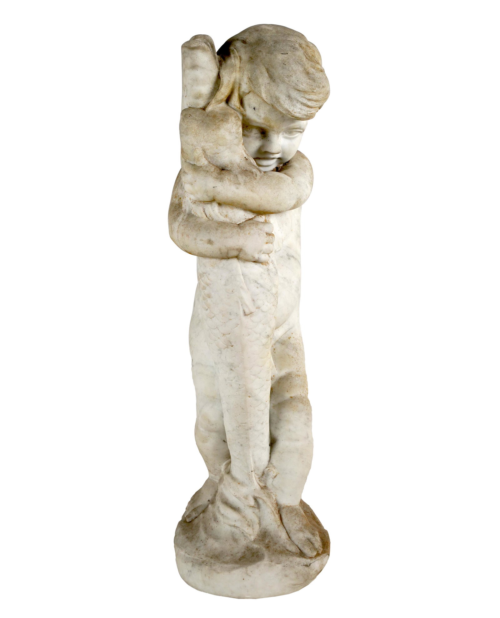 CARVED MARBLE STATUE OF A BOY WITH DOLPHIN (1 of 7)