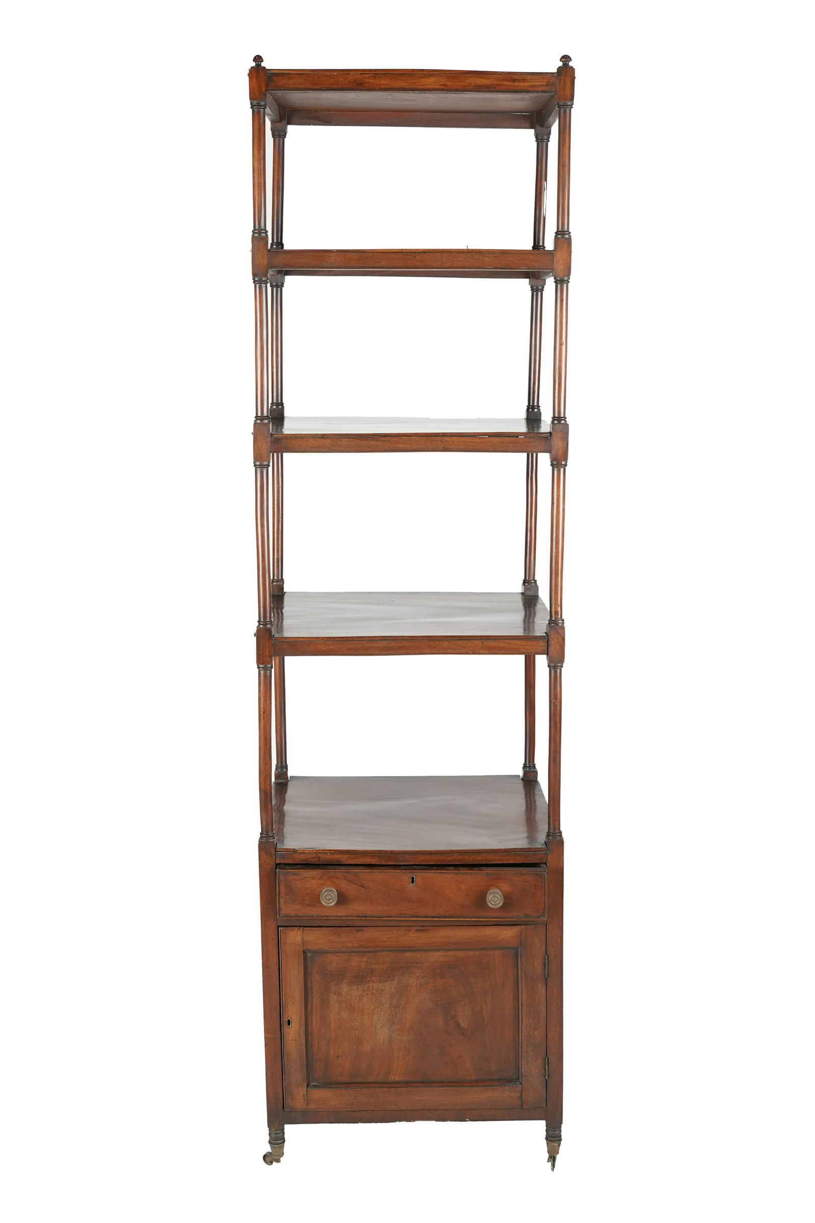 ENGLISH MAHOGANY ETAGERE: 19th century; having three shelves over a drawer above a hinged door; 20 inches wide; 16 inches deep; 73 inches high