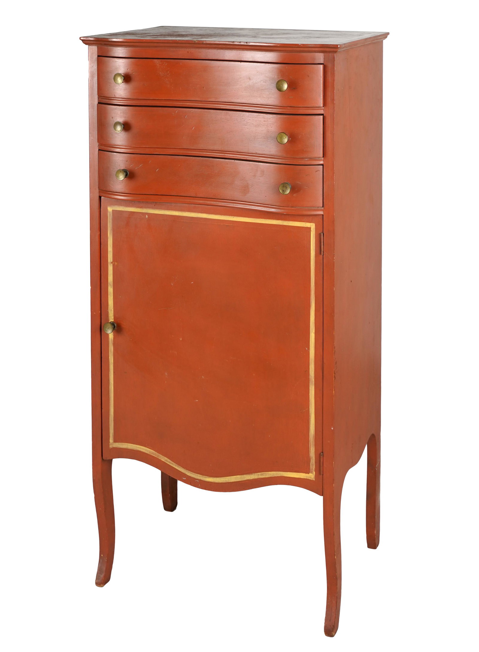 PAINTED WOOD RECORD CABINET: 20th century; with three drawers over a hinged door enclosing three shelves; 20 1/4 inches wide; 15 1/2 inches deep; 42 1/2 inches high