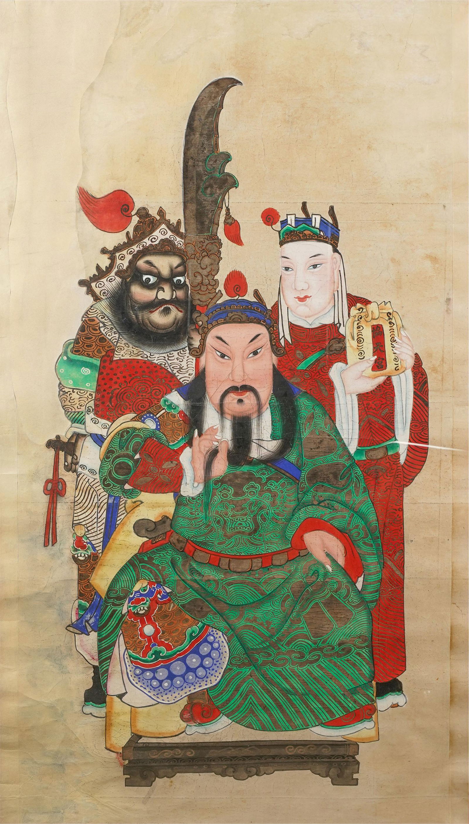 CHINESE ANCESTRAL PAINTING: painted in colors on paper, framed floating under acrylic; unsigned; Provenance: The Mrs. Stuart Davis Collection, Beverly Hills, CA; 45 3/4 x 25 3/4 inches; 54 x 34 1/2 inches frame