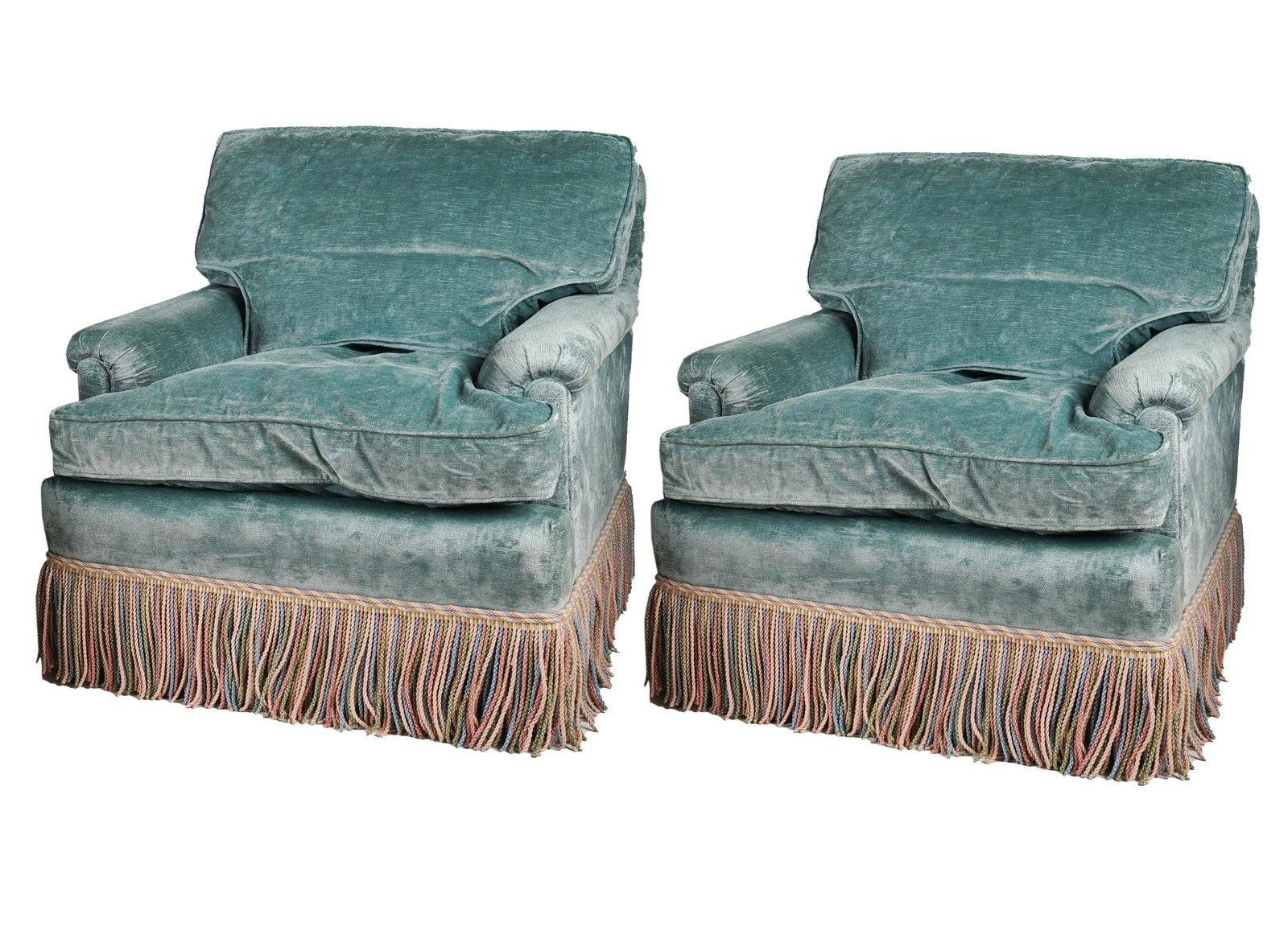 PAIR OF UPHOLSTERED CLUB CHARS: no label; covered with velour fabric, trimmed with fringe skirt; 31 inches wide; 33 inches deep; 30 inches high; seat height: 17 inches