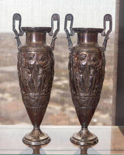 Larry Flynt Pair of Large French Empire-Style Silver-Plate Urns: one with mark of Jean-Baptiste-Claude Odiot, the other marked "Odiot. A Paris"; weighted; 27 3/4 x 10 in. (70.49 x 25.40 cm.)