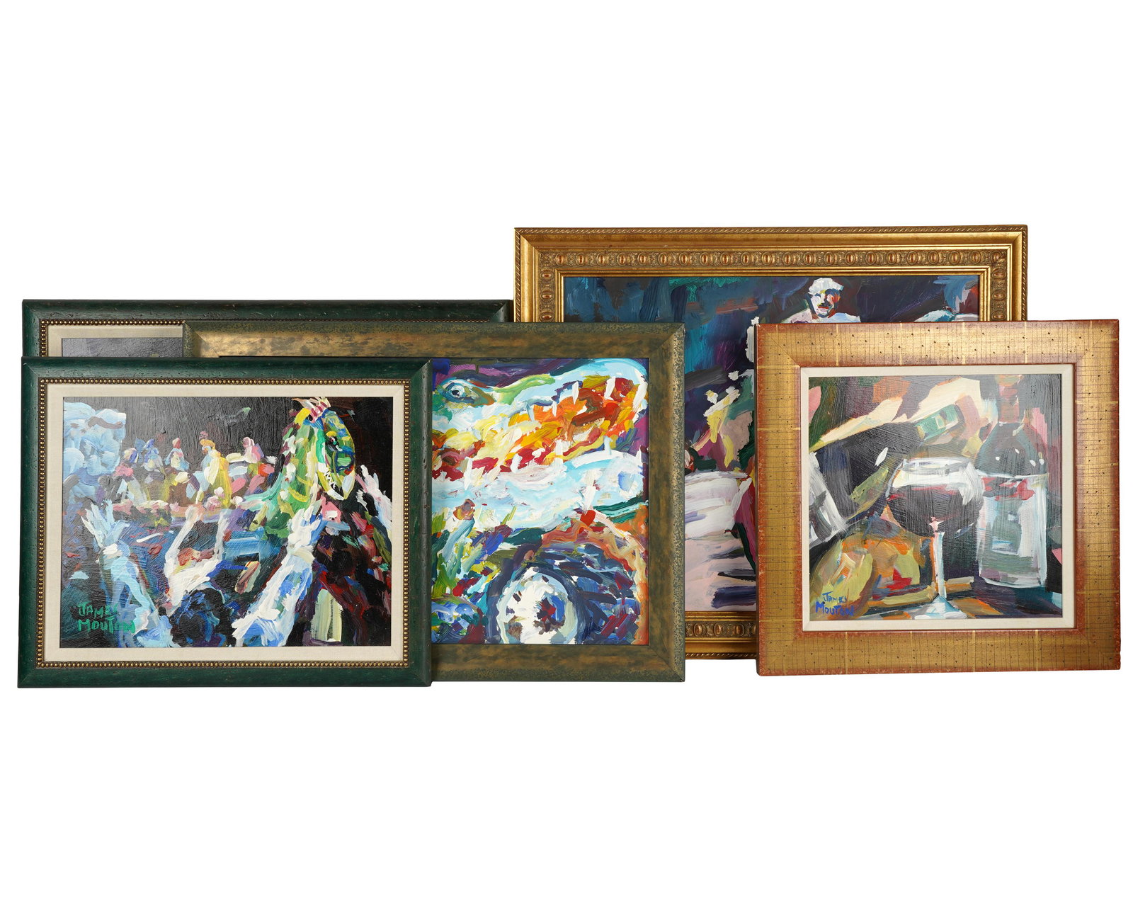 JAMES MOUTON (1925 - 2011): FIVE WORKS: each: oil on board; the first: abstract gator; signed lower left; Nader's Gallery label verso (14 x 21 1/4 inches sight; 17 3/4 x 24 3/4 inches frame; the second: abstract head, signed lower right; Na