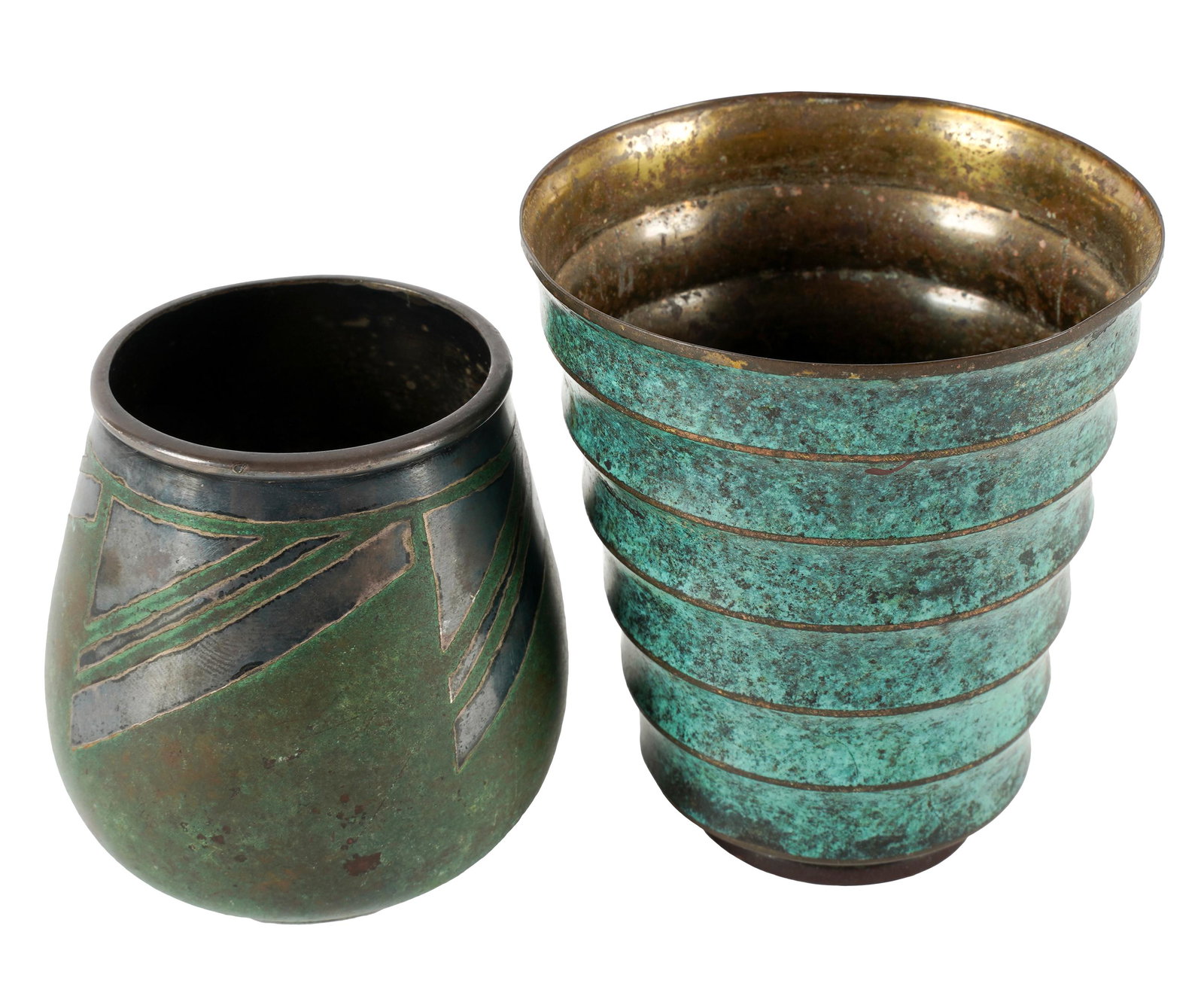 TWO ASSORTED SMALL PATINATED METAL VASES (1 of 8)