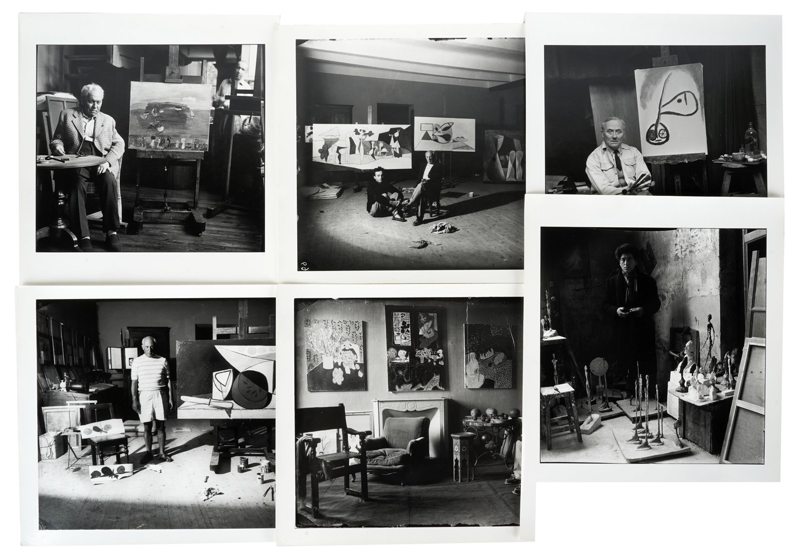 SIX MICHEL SIMA PHOTOGRAPHS OF ARTISTS: each depicting an artist and titled in pencil verso, including Miro, Michel Sima and Pablo Picasso, Pablo Picasso solo, Raoul Dufy, Alberto Giacometti, Henri Matisse, each with blindstamp "Tirage Jean