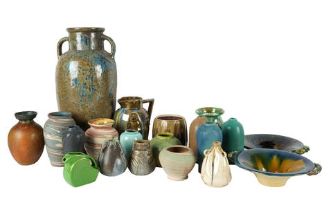 LARGE COLLECTION OF ART POTTERY: comprising 20 pieces by various makers (including one marked "Vallauris / Made in France", one Van Briggle, one "Mary Pratt", and one dated 1915); Provenance: Property from a Hancock Park, Los Angeles