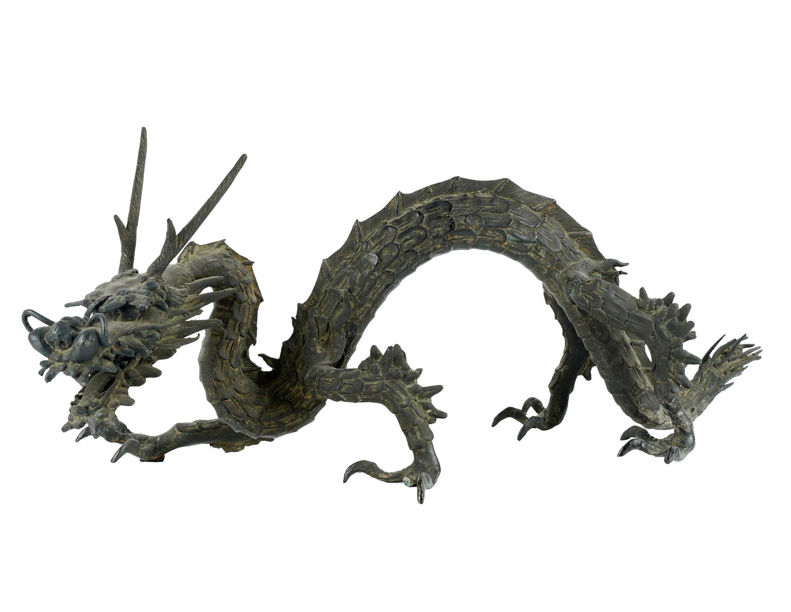 JAPANESE PATINATED BRONZE DRAGON: unmarked; Provenance: The Mrs. Stuart Davis Collection, Beverly Hills, CA; 29 inches wide; 12 1/2 inches high