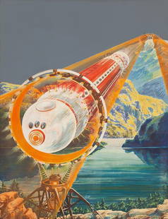 FRANK R. PAUL: "UNTITLED ILLUSTRATION": watercolor signed lower left depicting rocket launching 22 x 16.5 inches