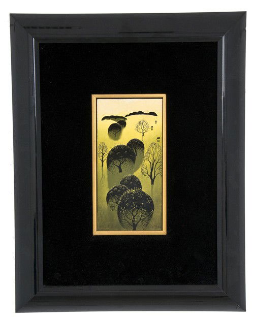 EYVIND EARLE: "HILLSIDE": Circa January 1998, Oil on Panel, signed lower left 9.75 x 4.75 inches