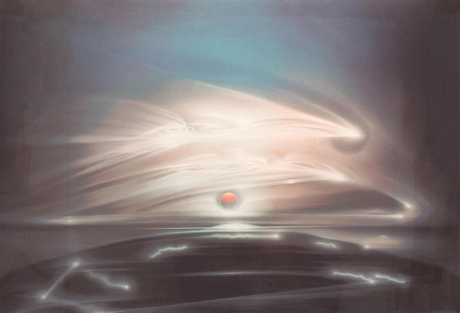 ANDREAS NOTTEBOHM (B.1944): DANCING CLOUDS: 1986; serigraph, framed floating under acrylic; signed, dated and numbered 43/100 lower center; Provenance: Gallerie Michael (COA verso); 27 1/4 x 36 3/4 inches sheet; 37 3/4 x 47 inches frame