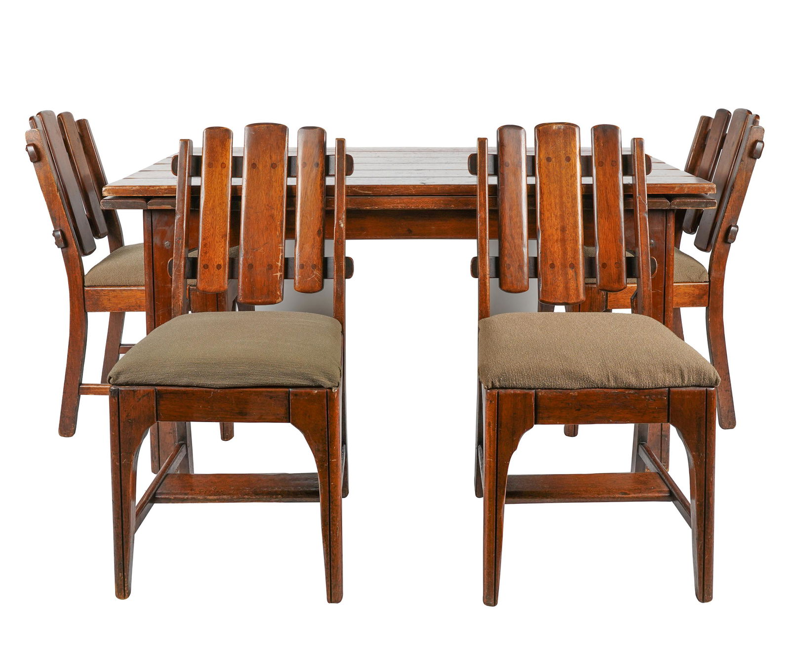 DEL REY DINING SET: each piece with manufacturer's label; the table with retracting leaves (each leaf 14 inches wide); the four chairs each covered with tan fabric (each 18 1/2 inches wide; 23 inches deep; 36 3/4 inches