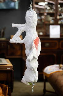 EVAN NESBIT (B. 1985): UNTITLED (CABLE PAINTING): 2015; mixed media hanging sculpture (acrylic, plaster, ping pong paddle, ski, steel cable); overall: approximately 117 inches high