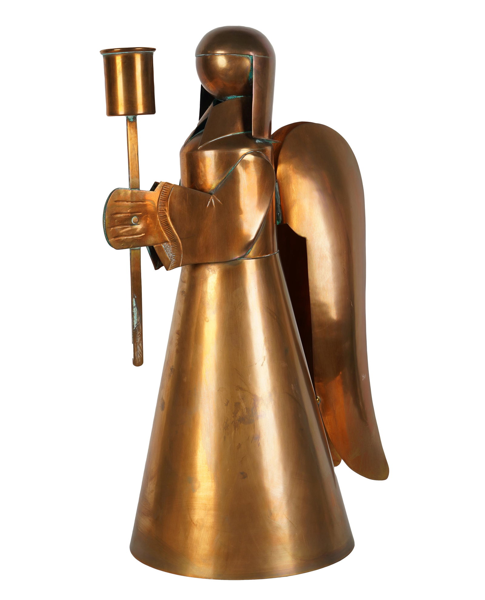 LARGE COPPER FIGURAL CANDLE HOLDER: unsigned; modeled as an angel holding a torch; 9 1/4 inches wide; 12 1/2 inches deep; 22 inches high