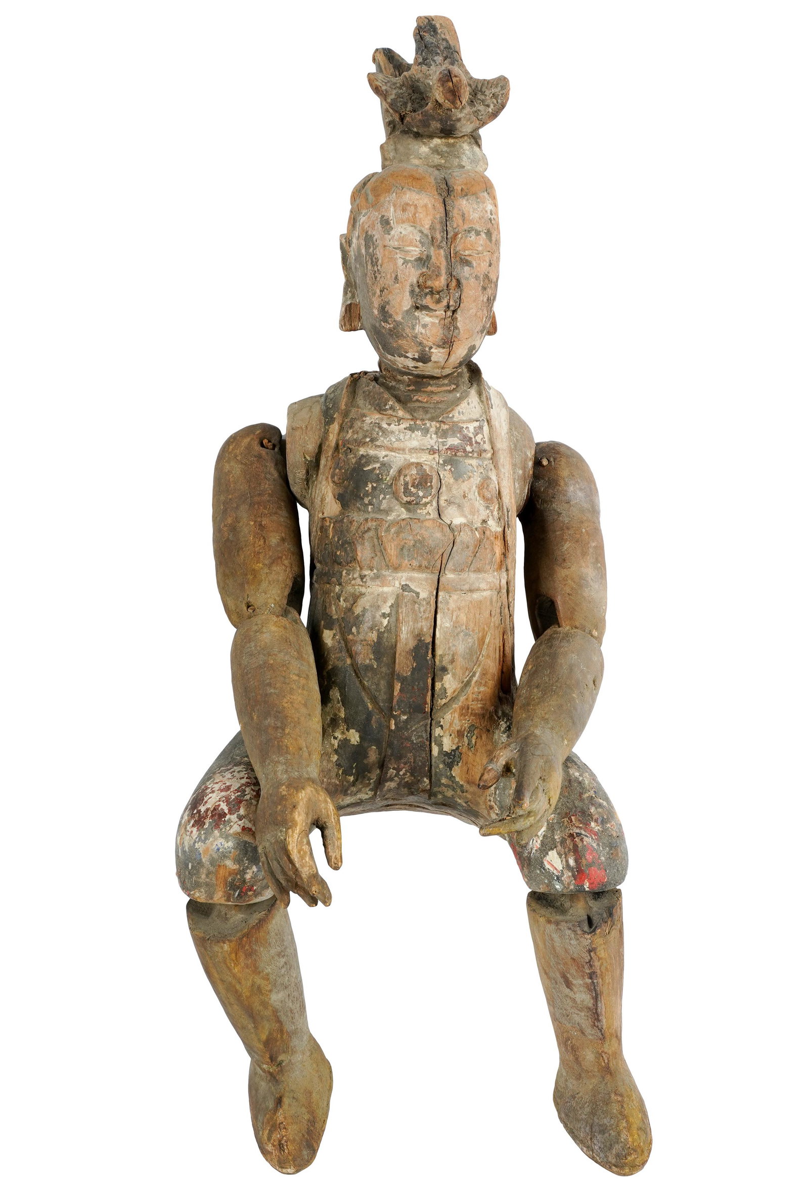 PAINTED CARVED WOOD BUDDHA FIGURE: having jointed arms and legs; 8 inches wide; 7 inches deep; 17 1/2 inches high