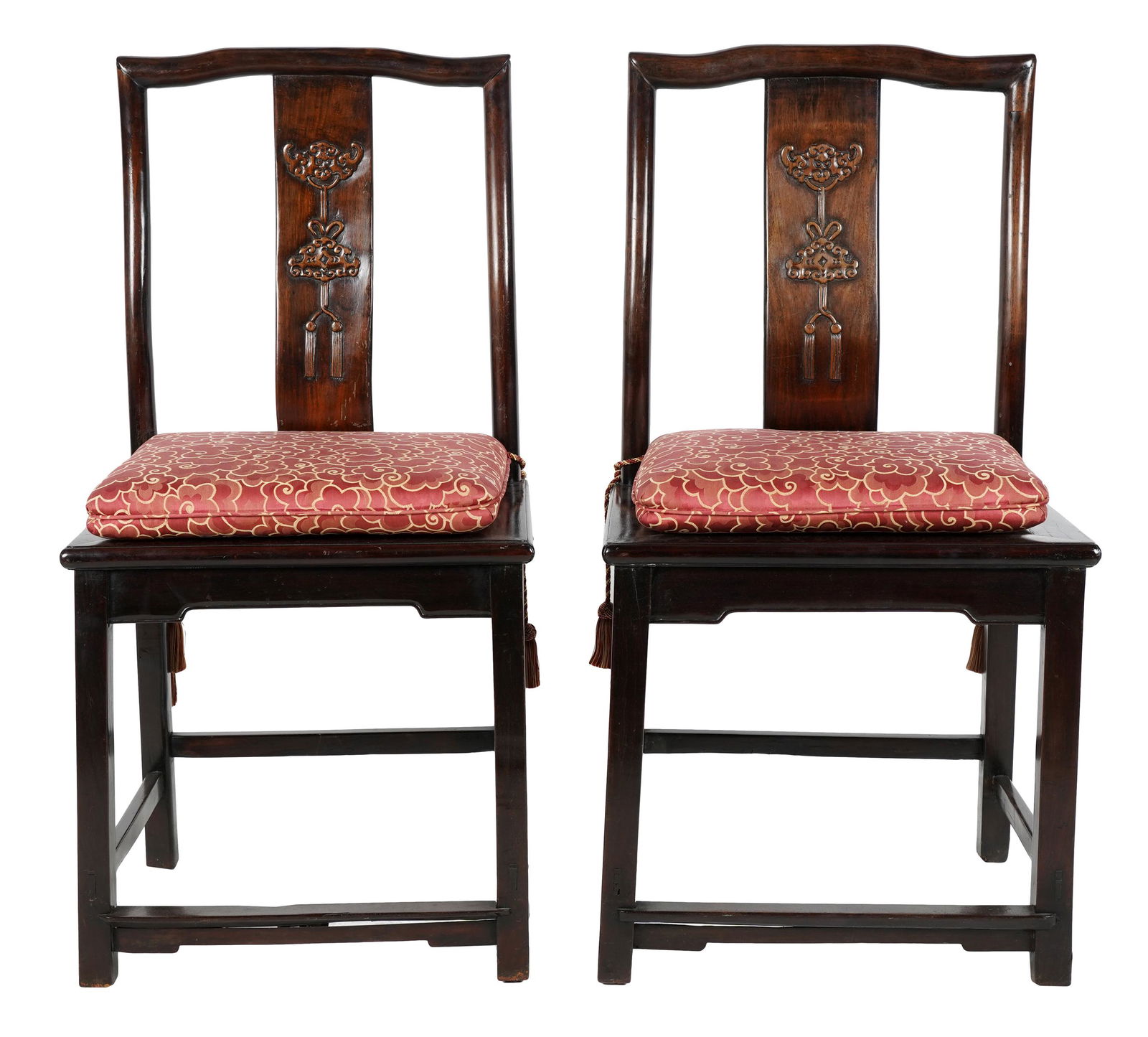 PAIR OF CHINESE HARDWOOD SIDE CHAIRS: single splat, footrest stretcher; Provenance: The Mrs. Stuart Davis Collection, Beverly Hills, CA: 20 1/4 inches wide; 16 inches deep; 42 inches high; seat height: 20 1/2 inches