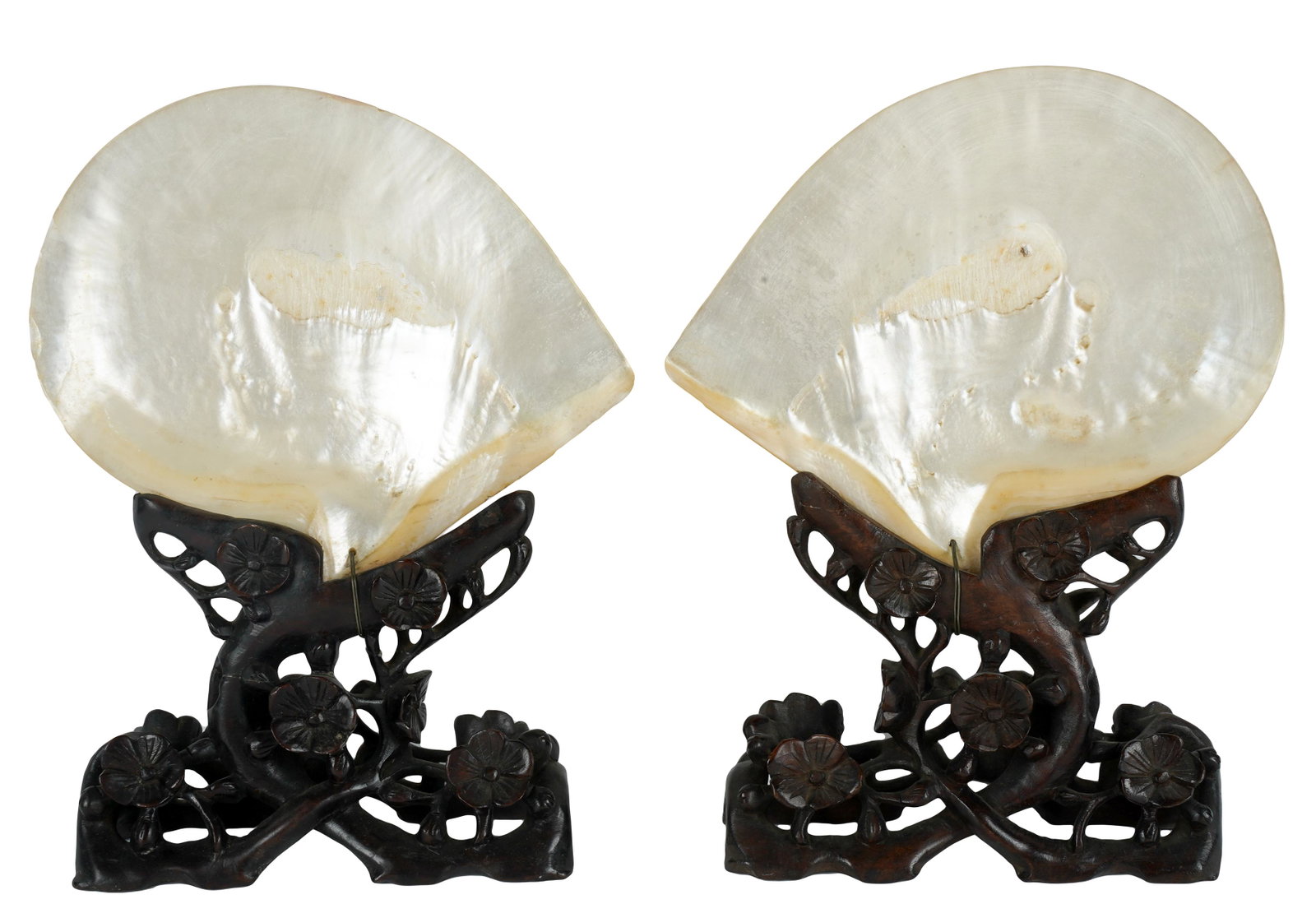PAIR OF CHINESE CARVED WOOD & SHELL GARNITURES: Condition: one wood stand with a repair, one shell with four chips to the edge; approximately 11 x 8 1/4 inches
