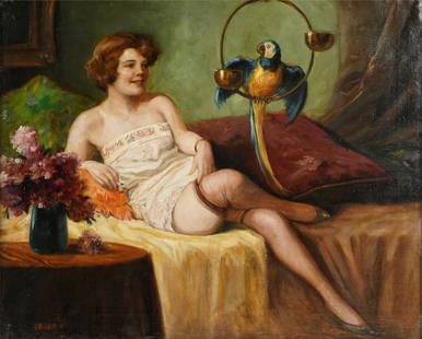 RICHARD GEIGER (1870 - 1945): WOMAN WITH PARROT: oil on canvas; signed lower left; Condition: a small patch verso; 21 3/4 x 26 3/4 inches; 29 x 34 1/4 inches frame