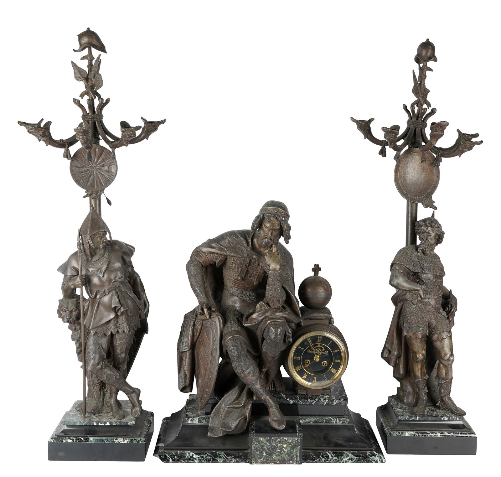 SPELTER & MARBLE FIGURAL MANTEL CLOCK GARNITURE (1 of 14)