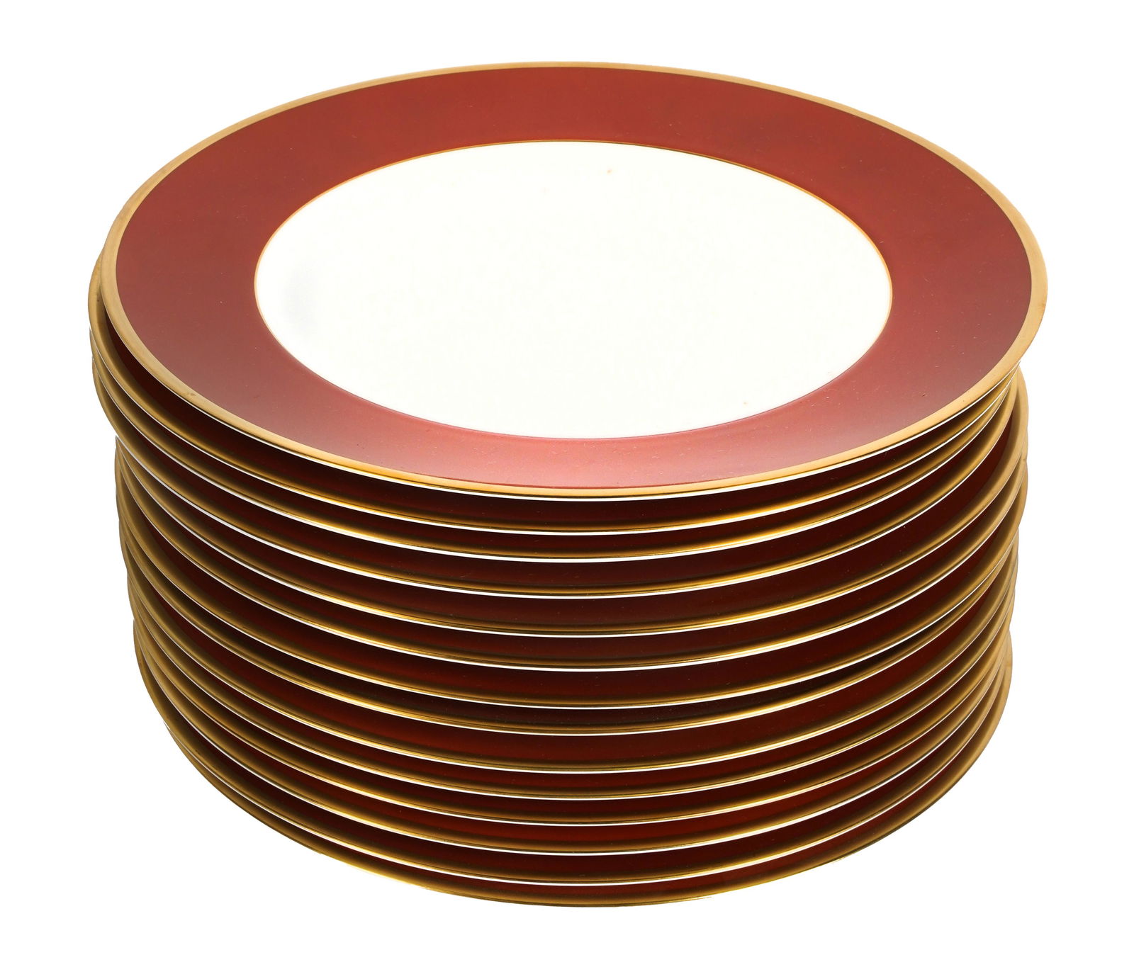 14 CHARLES FIELD HAVILAND "TERRA COTTA" CHARGERS: printed factory marks; Condition: one charger with a 1/2 inch chip to the rim; 11 7/8 inches diameter