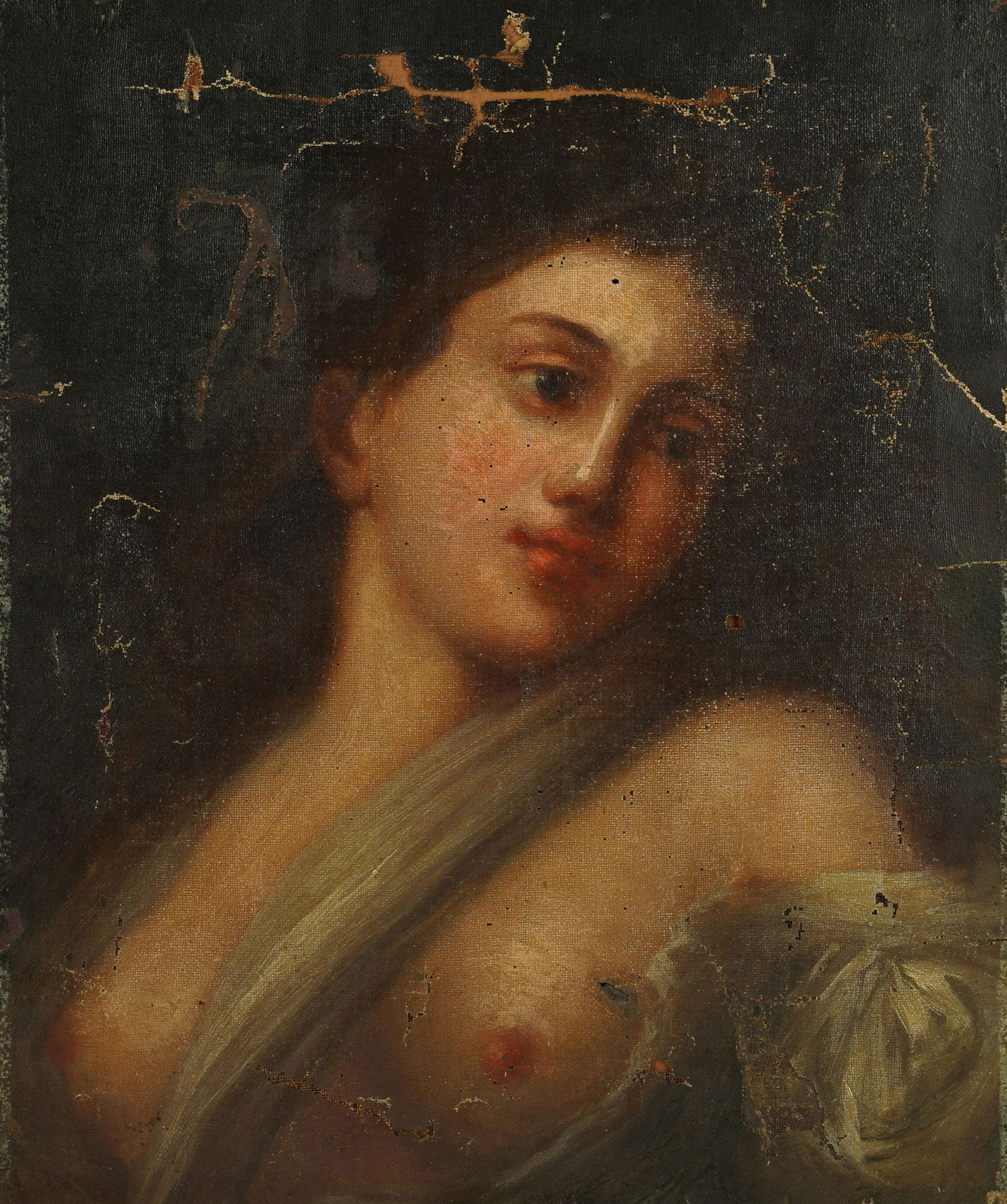 Continental School: Bust of a Female Allegorical Figure: oil on canvas, unframed (taped to cardboard); unsigned 18 x 15 in. (45.7 x 38.1 cm.)
