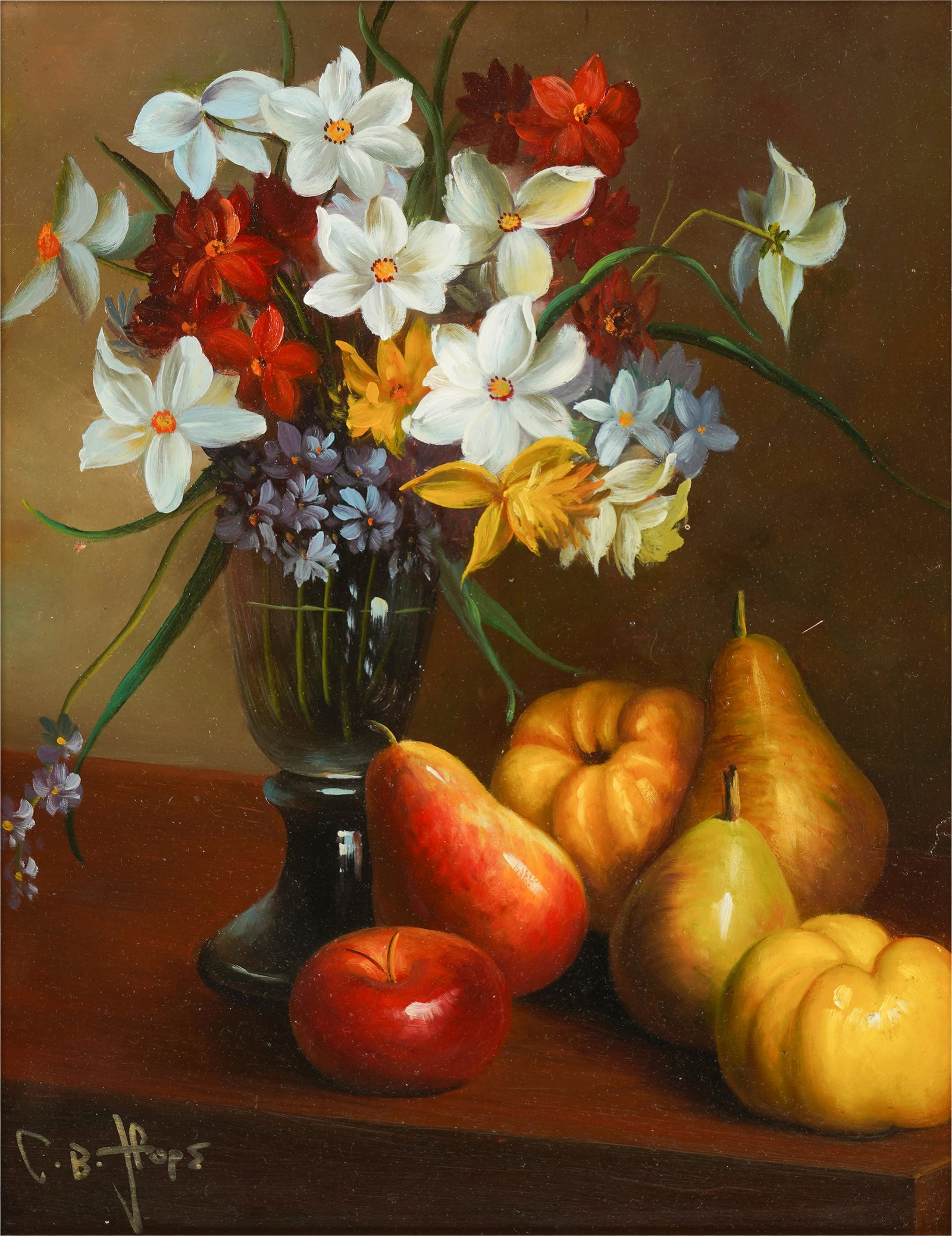 20th Century: Still Life with Flowers & Fruit: oil on panel; signed "CB Hope" lower left; 10 x 8 in. (25.4 x 20.3 cm.), Frame: 14 1/2 x 12 1/2 in. (36.8 x 31.8 cm.)