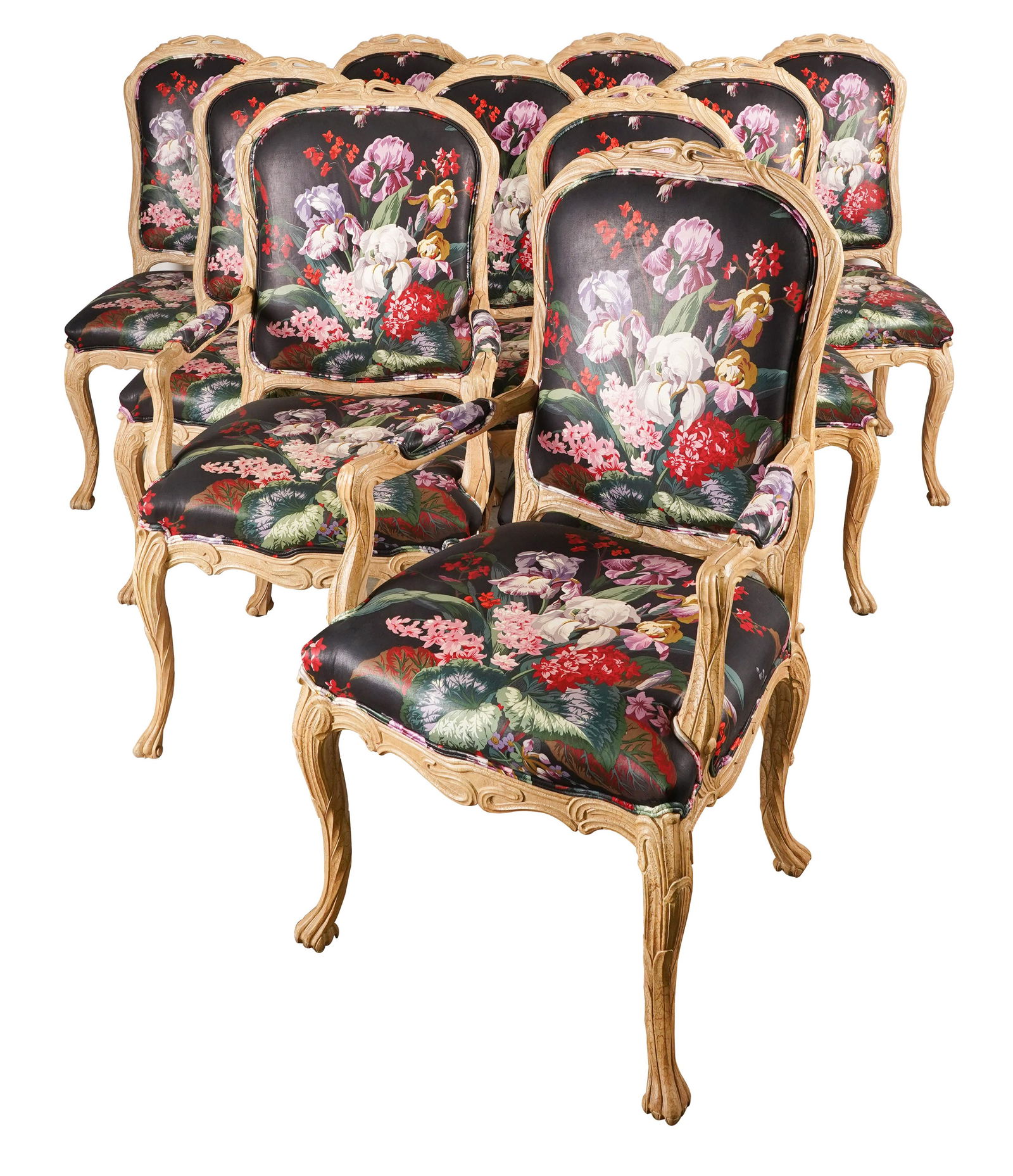 Set of 10 Carved Pickled Wood Dining Chairs (1 of 10)