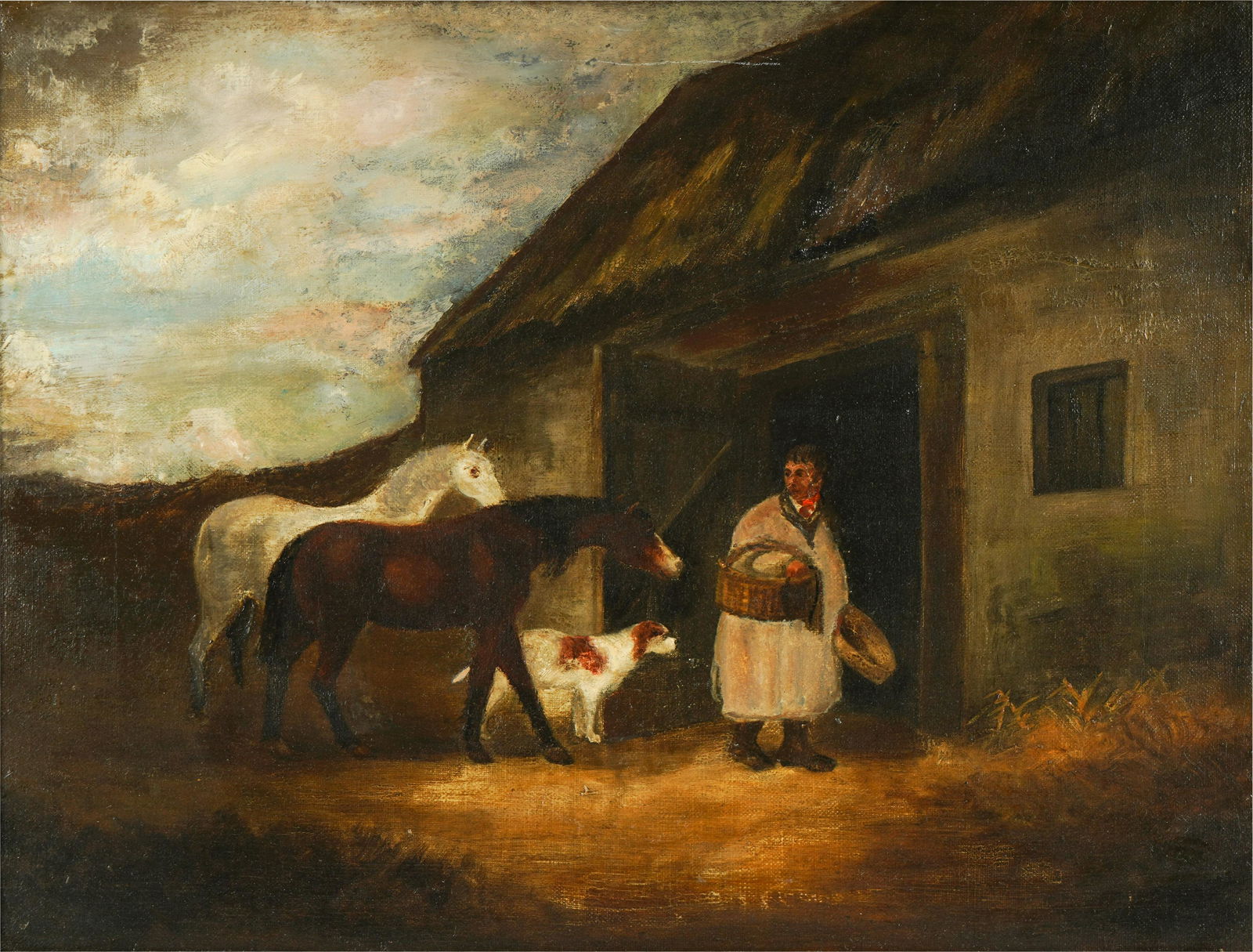 Attributed to George Morland (1763-1804): The Horse Feeder: oil on canvas; inscribed "George Morland" and titled to verso; Provenance: The Estate of Charles Hackett of Charles and Charles, San Jose, CA; 12 x 16 in. (30.5 x 40.6 cm.), Frame: 15 3/4 x 19 1/2 in.