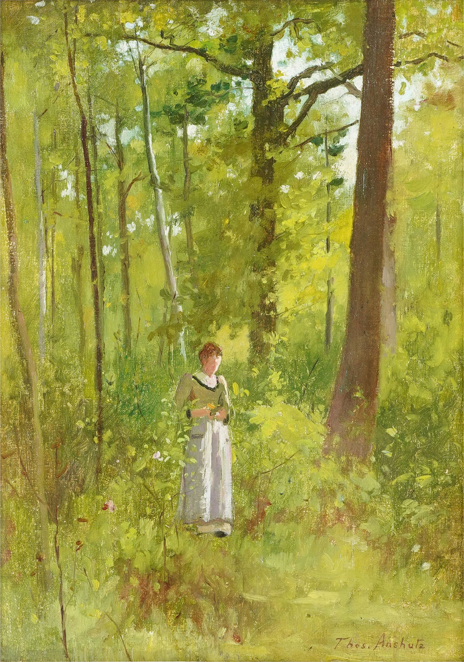 Thomas Pollock Anshutz (American 1851-1912) Woman in Forest Glade: oil on board; signed lower right 13 x 9 in. (33.02 x 22.86 cm.), Frame: 21 x 18 in. (53.34 x 45.72 cm.) Thomas Anshutz studied in Paris at the Académie Julian before moving, in 1875, to Philadelphia.