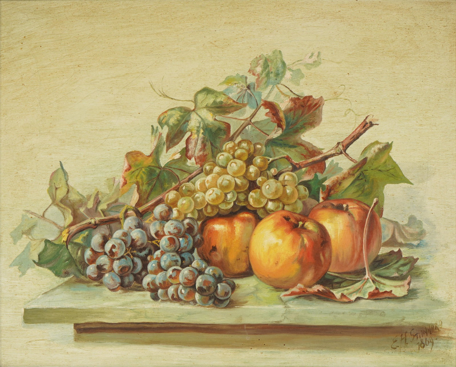 Eloise Harriet Stannard (British 1829-1915): Still Life with Fruit: 1869; oil on canvas; signed and dated lower right; Provenance: The Estate of Charles Hackett of Charles and Charles, San Jose, CA Eloise Harriet Stannard (1829–1915) was a British 19th century paint