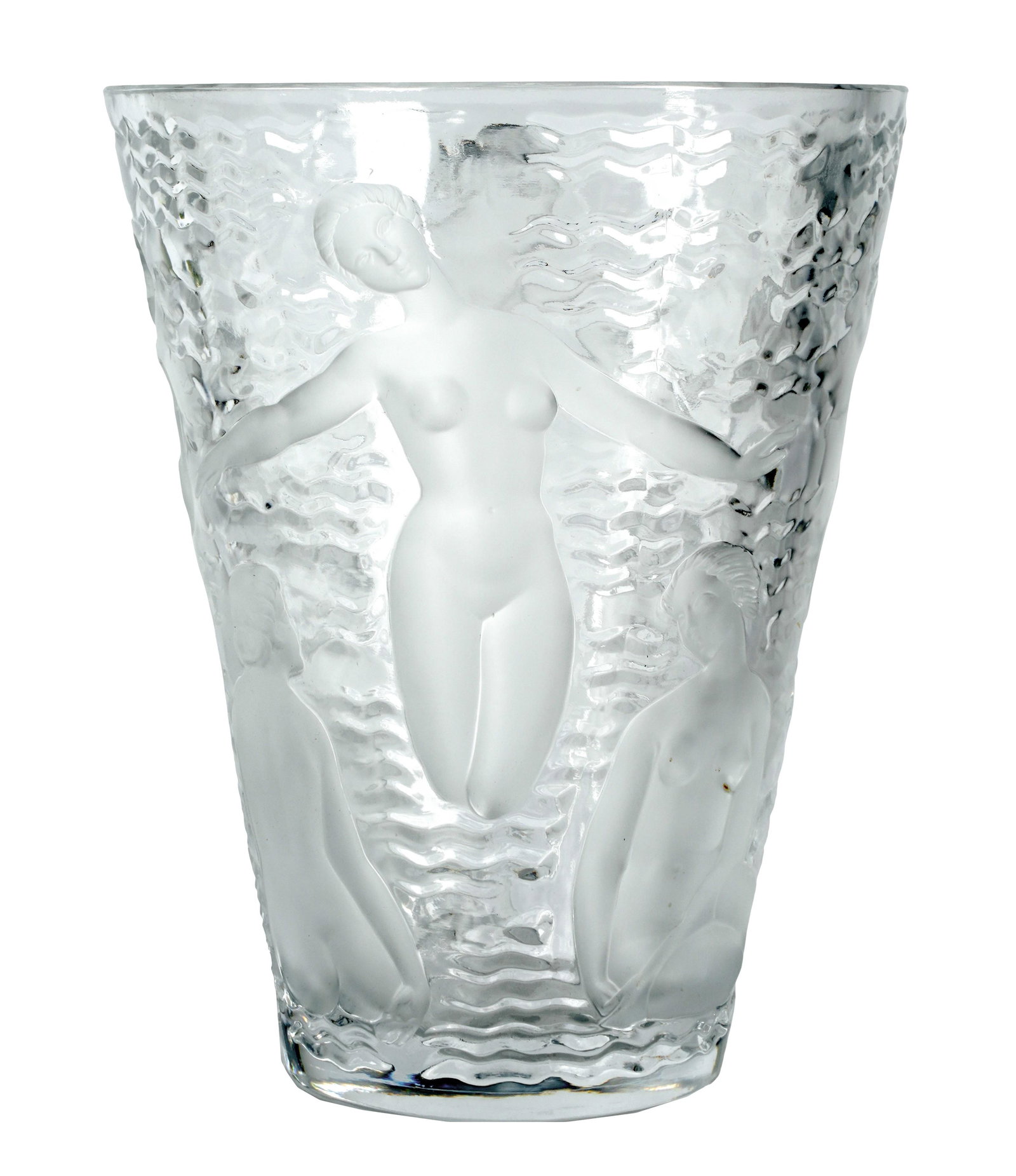 Lalique "Ondines" Nudes Vase: signed "Lalique France"; decorated with intaglio frosted bathing nude figures 9 1/4 x 7 1/2 in. (23.5 x 19.1 cm.)