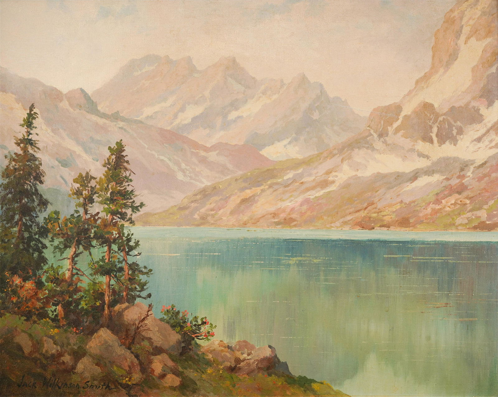 Jack Wilkinson Smith (1873-1949): Lake Scene: oil on board; signed lower left; 16 x 20 in. (40.64 x 50.80 cm.), Frame: 23 x 27 1/2 in. (58.42 x 69.85 cm.)