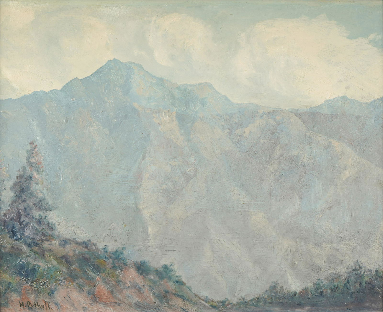 Hanson Duvall Puthuff (1875-1972): Mountain Landscape: oil on board; signed lower left; 18 x 22 in. (45.72 x 55.88 cm.), Frame: 22 x 26 in. (55.88 x 66.04 cm.)