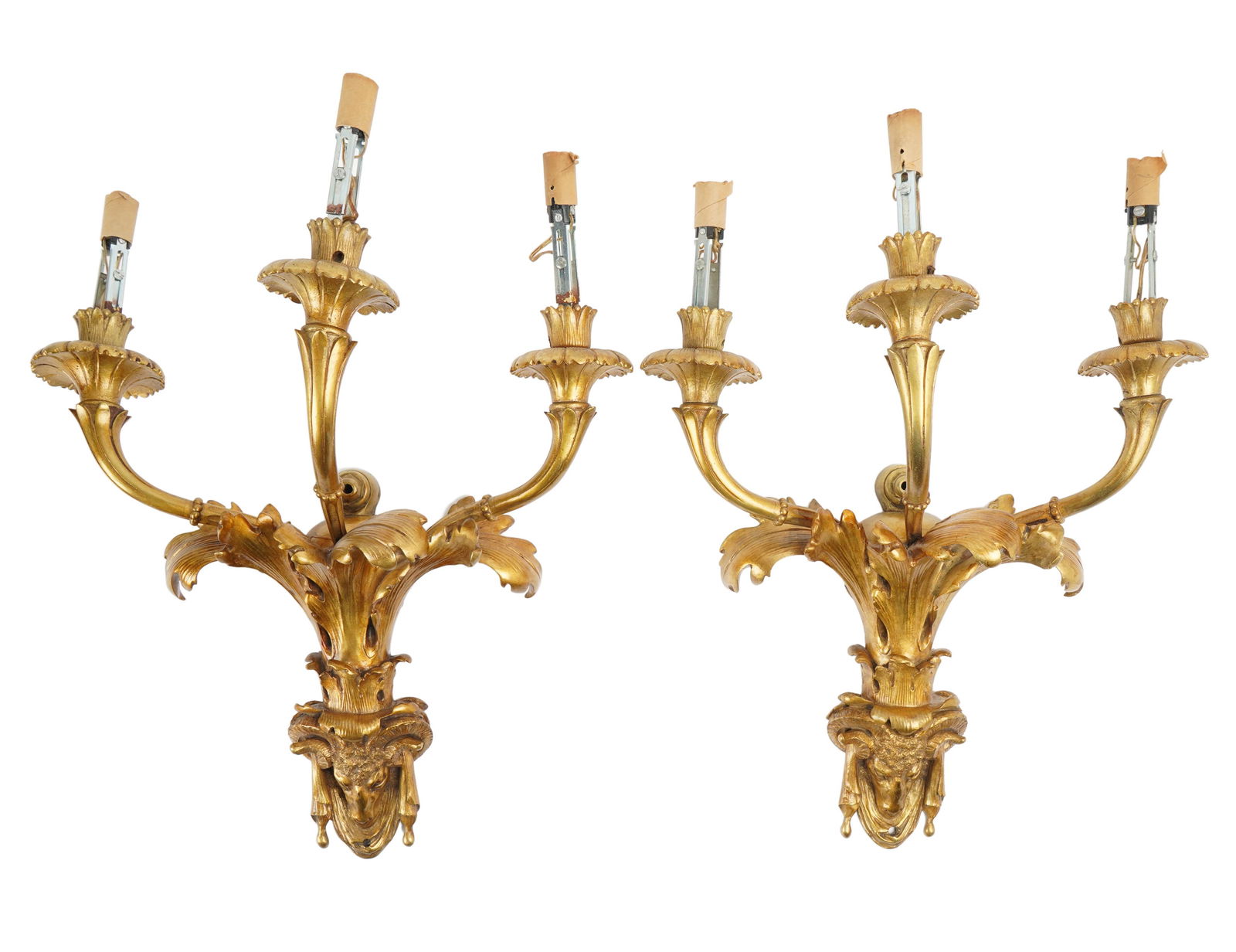 Pair of Gilt Bronze Three Light Wall Sconces (1 of 10)