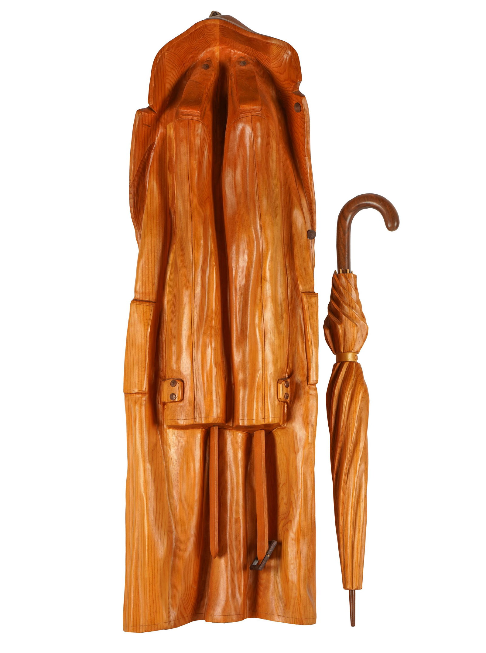Rene Megroz (B. 1942): Raincoat & Umbrella: each carved pine; each signed and dated (the coat 1999, the umbrella 1994) coat: 46 x 15 x 5 in. (116.8 x 38.1 x 12.7 cm.), umbrella: 33 in. (83.8 cm.)