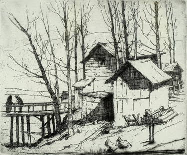 Millard Owen Sheets (1907 - 1989): Cabins on a Lake: 1928; etching, matted, framed and glazed; pencil-signed lower right, dated lower left; Provenance: Property from the Estate of Millard Sheets sight 5 1/2 x 6 1/4 in. (14 x 15.9 cm.), frame: 20 1/4 x 1