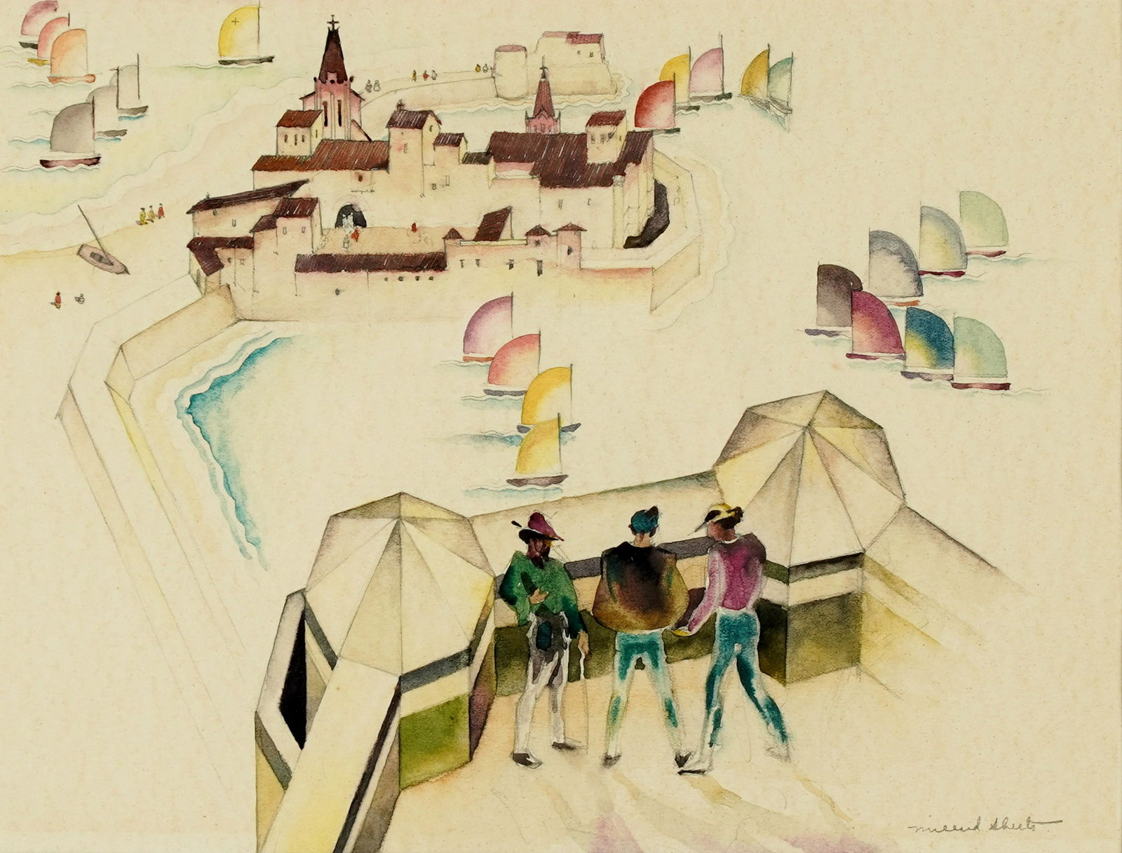 Millard Owen Sheets (American 1907 - 1989): Figures on a Rampart Overlooking a Port (1 of 9)