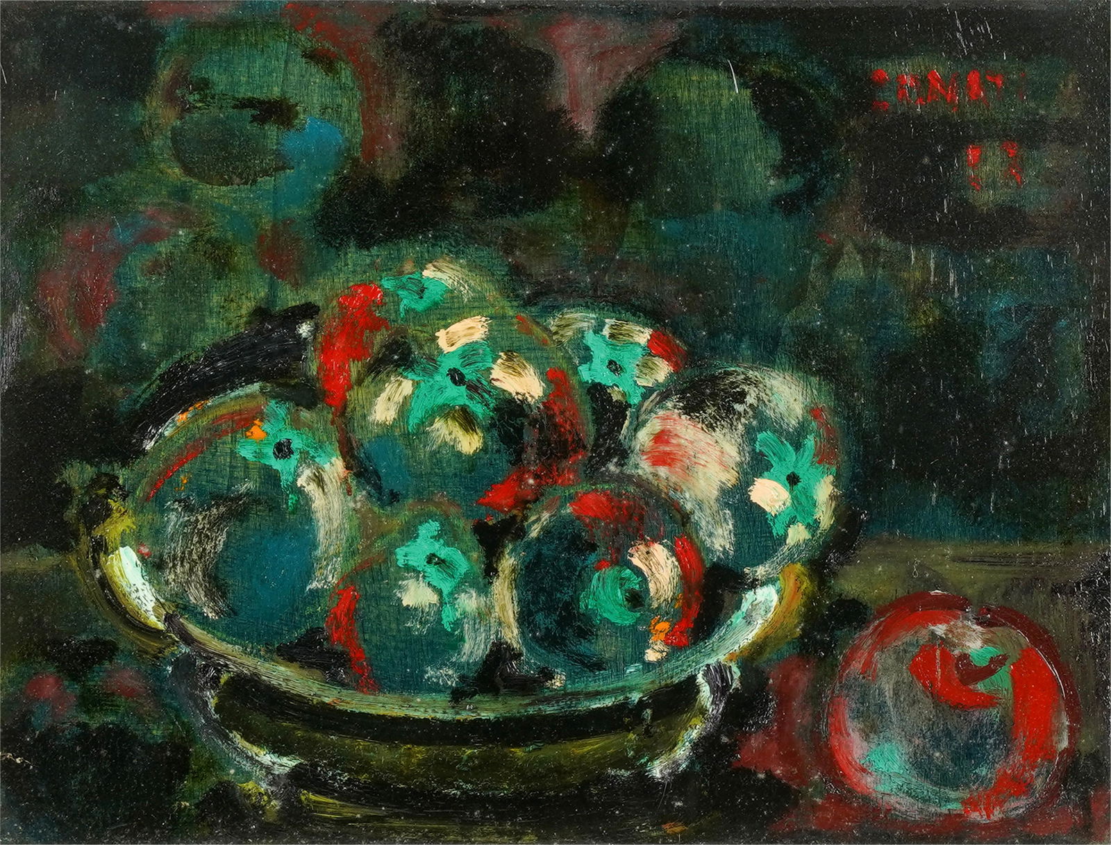 Lazzaro Donati (1926 - 1977): La Fruttiera Della Luisa: Florence, 1958; oil on board; signed upper right, signed again, dated and titled verso; Provenance: Property from the Estate of Millard Sheets 12 x 15 3/4 in. (30.5 x 40 cm.), Frame: 17 1/2 x 21 1/2 i