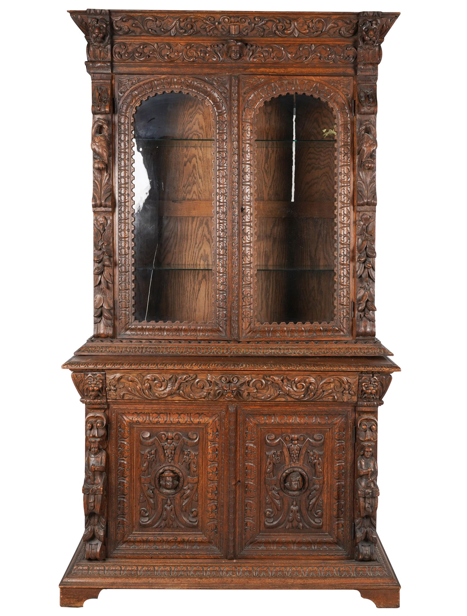 Renaissance Revival Carved Oak Bookcase Cabinet (1 of 16)