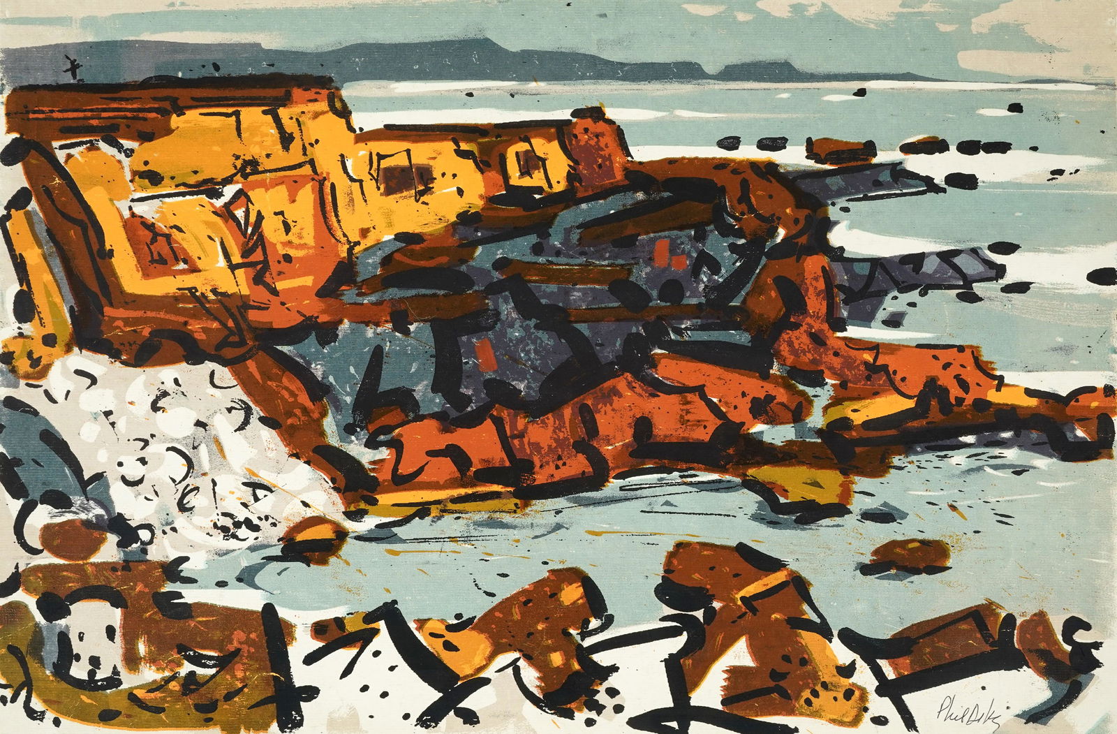 Phil Latimer Dike (1906 - 1990): Rocky Coastal: lithograph, unframed; signed lower right, numbered 7/40, artist proof and further numbered 242 lower left; Provenance: The Estate of Millard Sheets 18 1/2 x 26 1/4 in. (47 x 66.7 cm.)