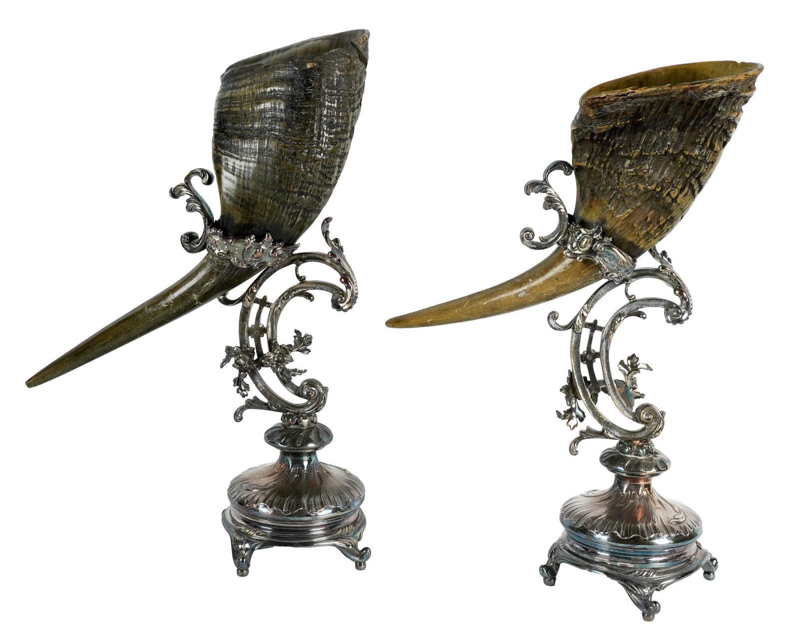 Pair of Rococo-Style Silver Plate-Mounted Horns (1 of 12)