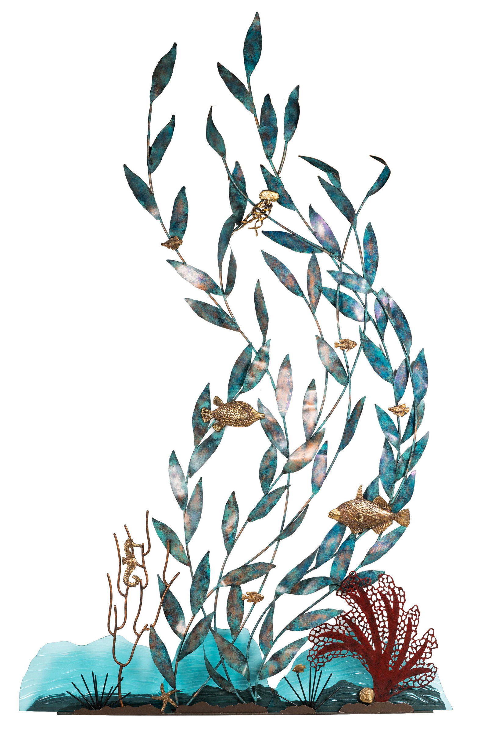 Modernist Aquatic Wall Sculpture: painted metal and colored glass 112 x 68 x 5 in. (284.5 x 172.7 x 12.7 cm.)