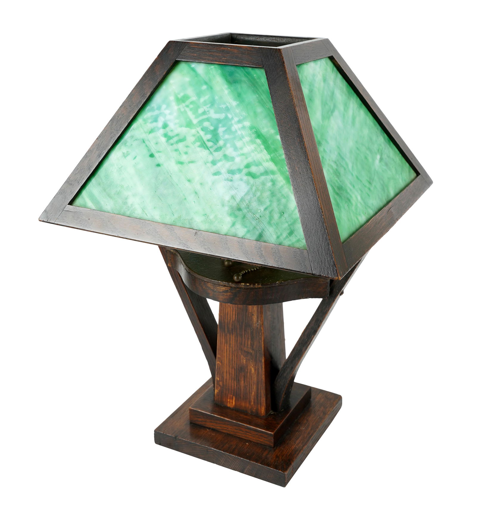 Mission-style Oak and Green Slag Glass Table Lamp (1 of 10)