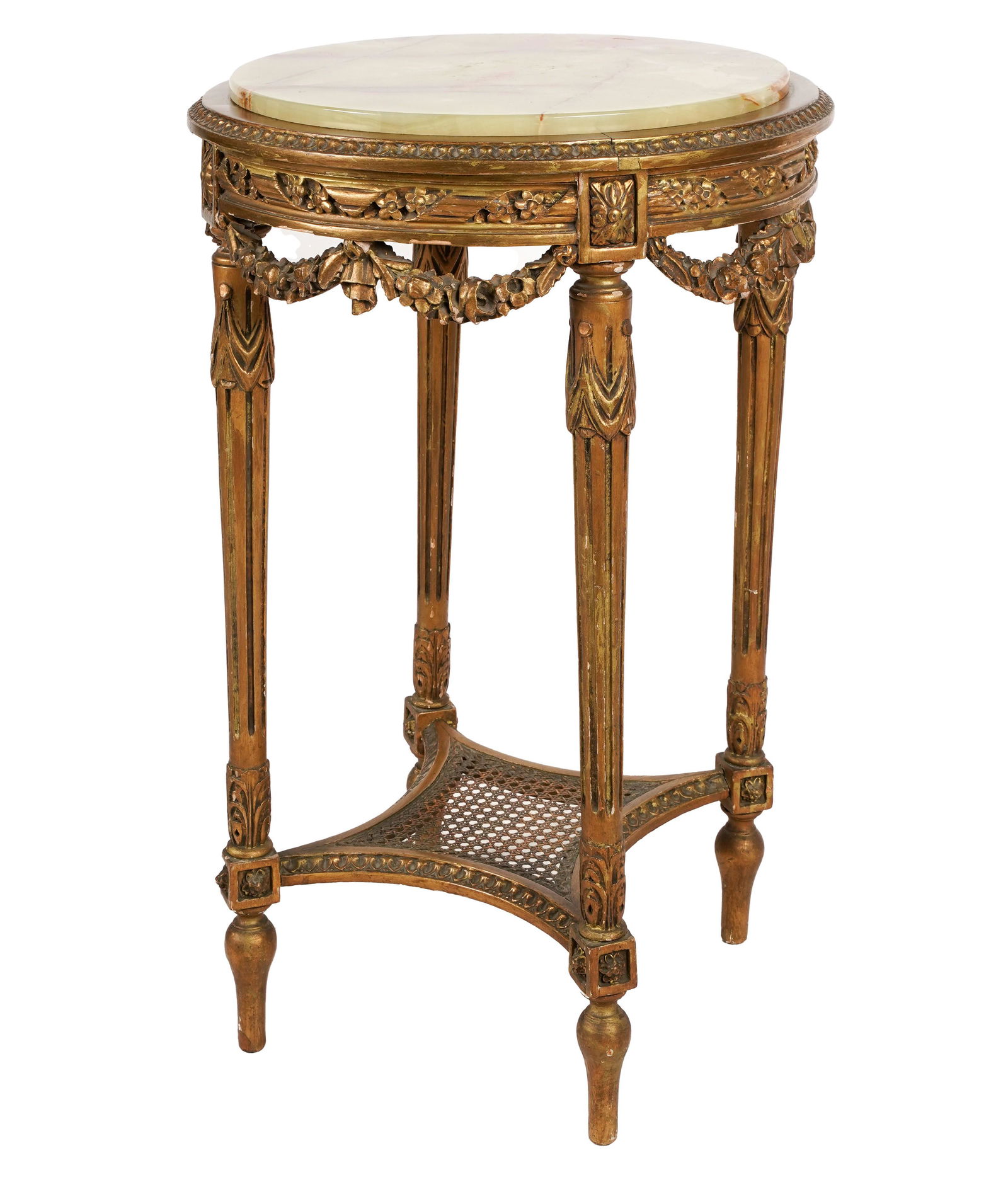 Louis XVI-Style Carved Giltwood Gueridon: with inset onyx top and caned under shelf 31 1/2 x 20 in. (80.01 x 50.80 cm.)