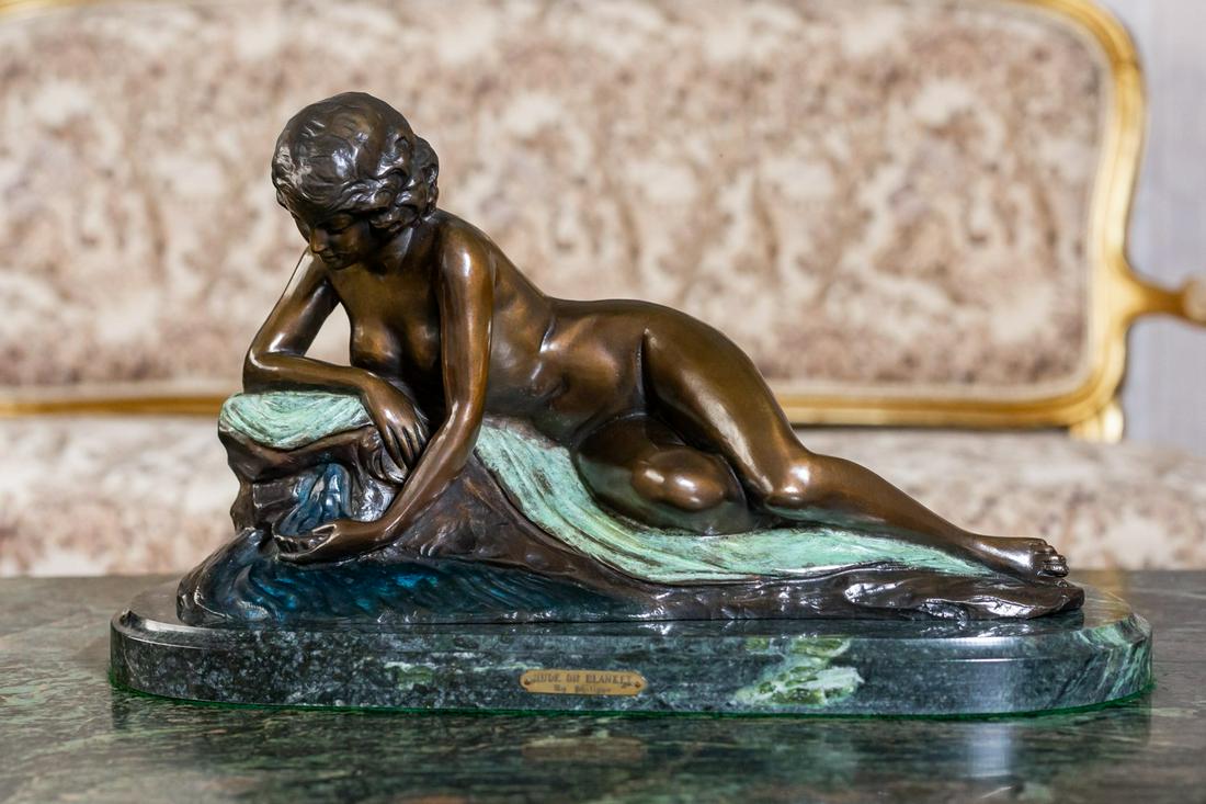 Larry Flynt Bronze Figure of a Reclining Nude: mounted to a marble base; inscribed to plaque "Nude on Blanket by Philippe" and numbered 4/100 in casting bronze: 8 3/4 x 15 1/2 x 5 in. (22.2 x 39.4 x 12.7 cm.), overall: 10 x 18 x 7 1/2 in. (25.4 x