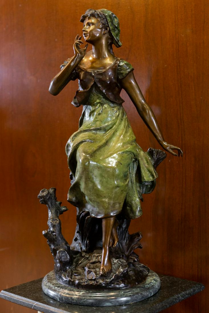 Larry Flynt After Auguste Moreau: Seated Woman: patinated bronze, mounted to a marble base; signed in casting bronze: 25 x 13 1/2 x 9 1/4 in. (63.5 x 34.3 x 23.5 cm.), overall height: 26 in. (66 cm.)