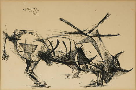 John Harrison Levee (American 1924-2017): Untitled: 1952; ink on paper, matted, framed and glazed; signed and dated in plate upper left 9 x 13 3/4 in. (22.9 x 34.9 cm.) sight, 18 x 21 3/4 in. (45.7 x 55.2 cm.)frame