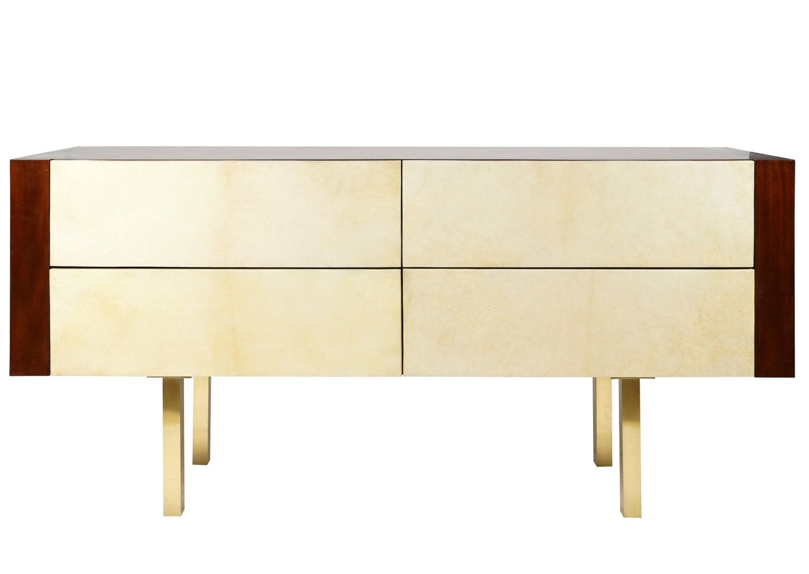 Vintage Mahogany and Parchment Credenza: unsigned; having four drawers 34 x 71 x 20 in. (86.4 x 180.3 x 50.8 cm.)