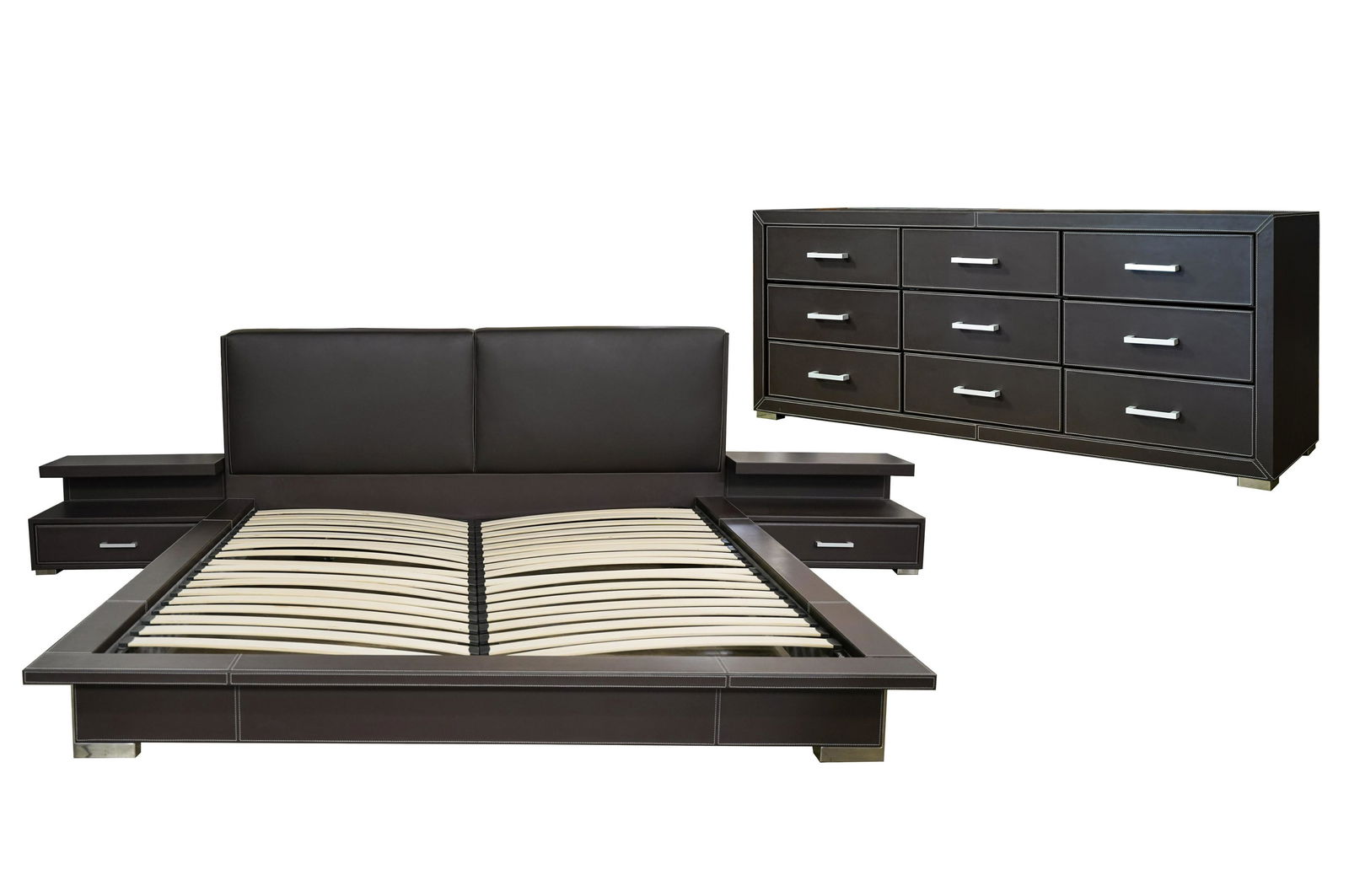 Leather-Wrapped Bedroom Set: unsigned; comprising a king-size bed, 39 1/2 x 92 x 87 in. (100.3 x 233.7 x 221 cm.), interior: 81 x 76 3/4 in. (205.7 x 194.9 cm.); two nightstands, 17 1/2 x 30 x 17 1/2 in. (44.5 x 76.2 x 44.5 cm.);